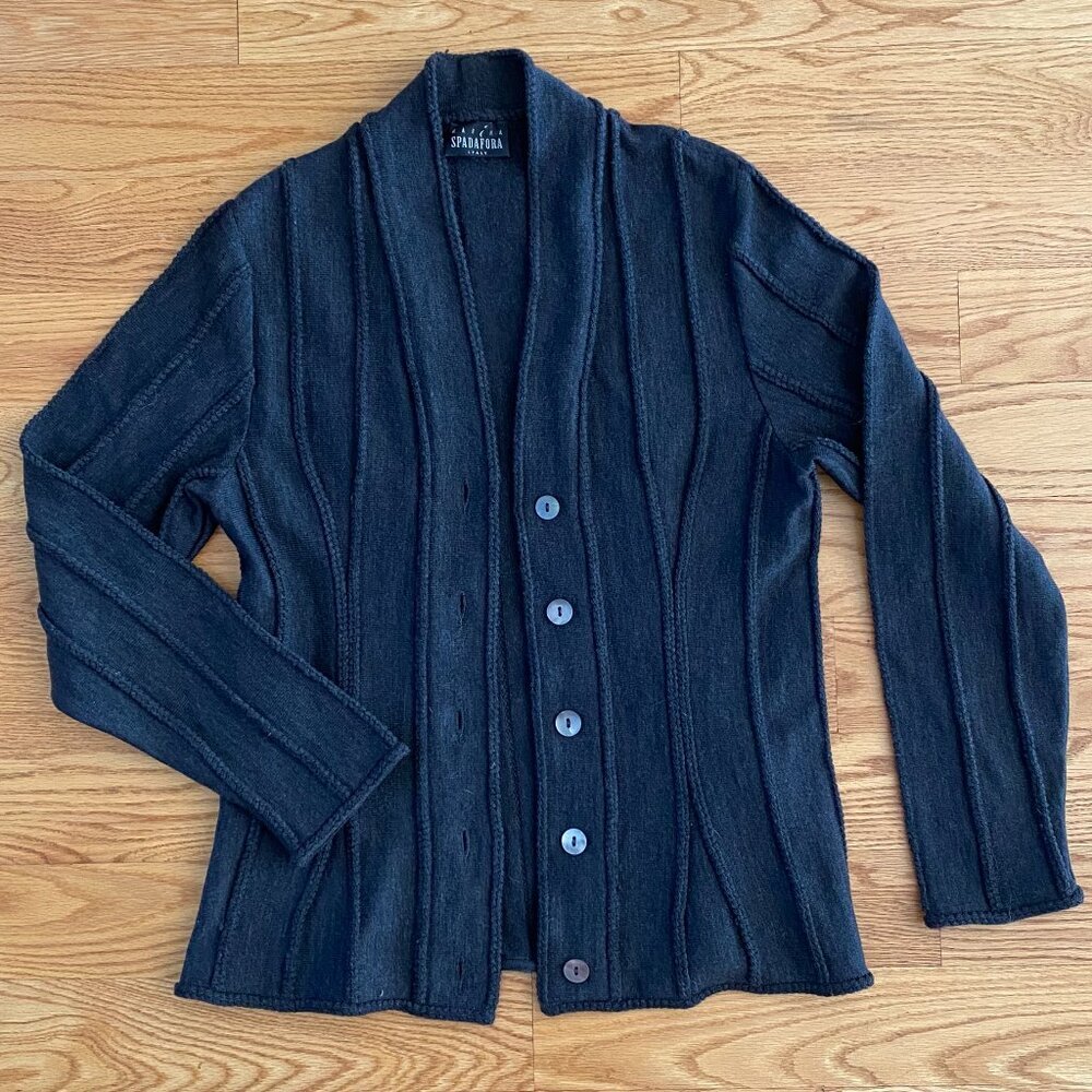 SPADAFORA long sleeve cardigan sweater. Extra fine Merino wool. Dark grey/black.
